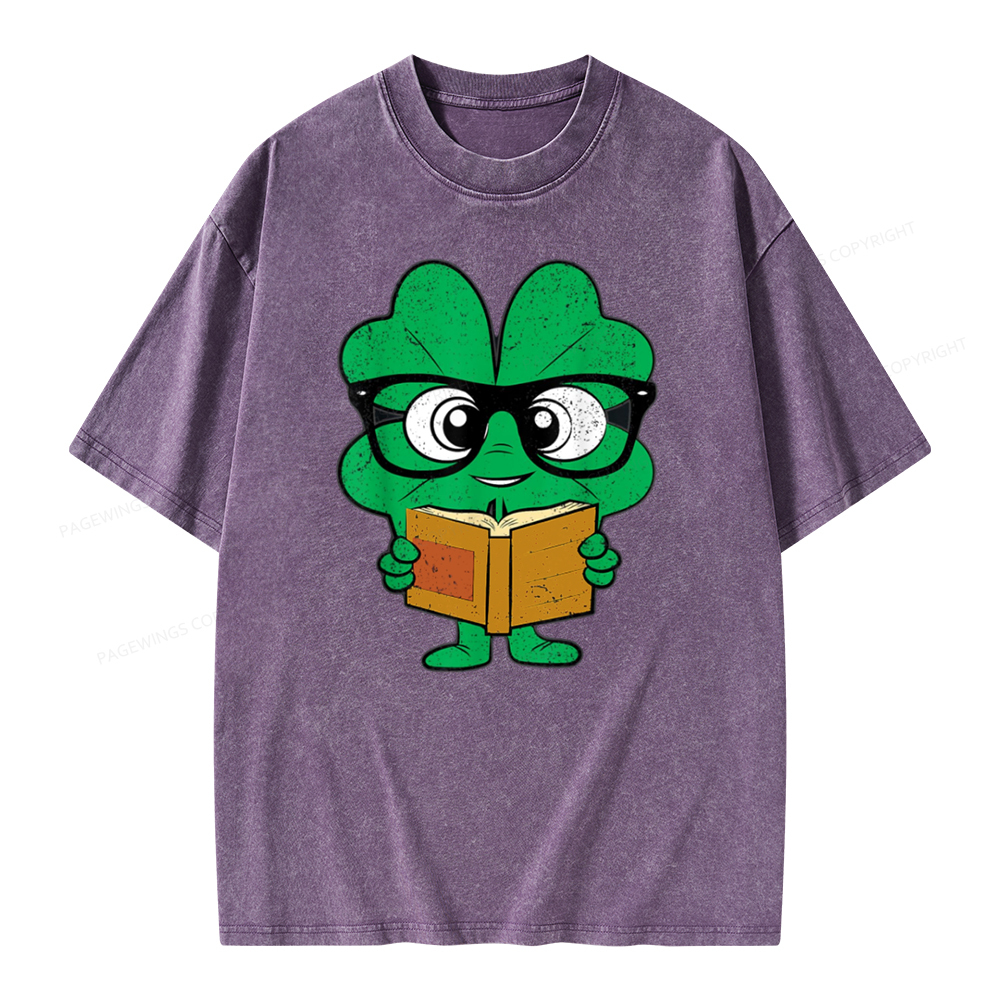 Pagewing Shamrock Reading Books St Patricks Day Unisex Washed T-shirt