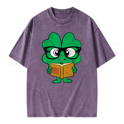Pagewing Shamrock Reading Books St Patricks Day Unisex Washed T-shirt