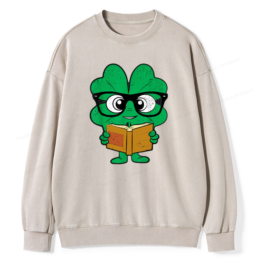 Pagewing Shamrock Reading Books St Patricks Day Unisex Washed Sweatshirt