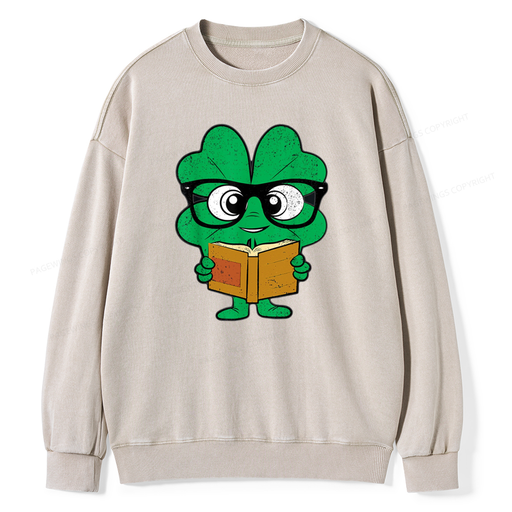 Pagewing Shamrock Reading Books St Patricks Day Unisex Washed Sweatshirt