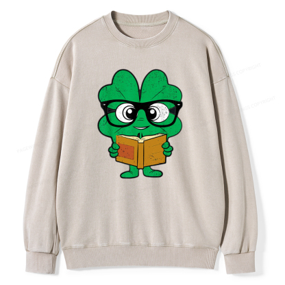 Pagewing Shamrock Reading Books St Patricks Day Unisex Washed Sweatshirt