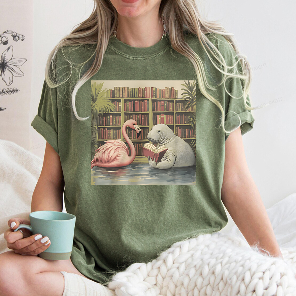 Pagewings Flamingo & Manatee Reading Book Unisex Washed T-shirt