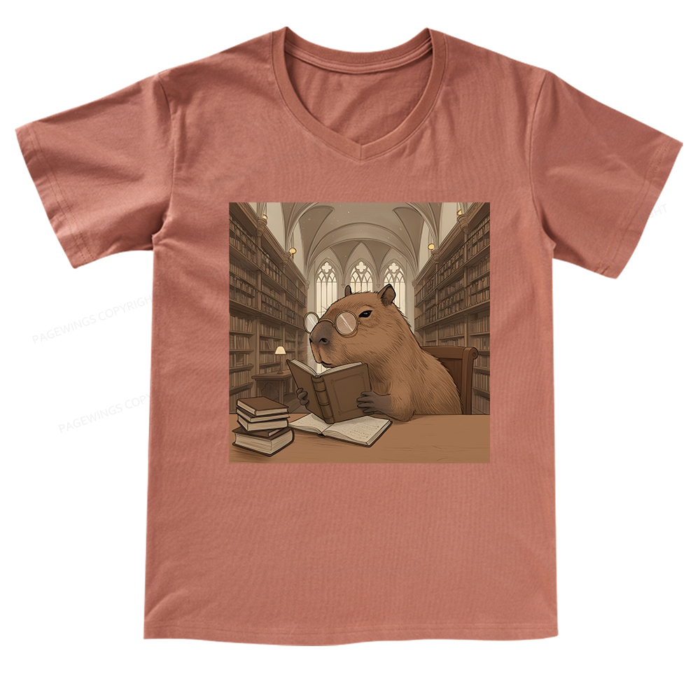 Pagewings The Reader Capybara V-neck T-shirt