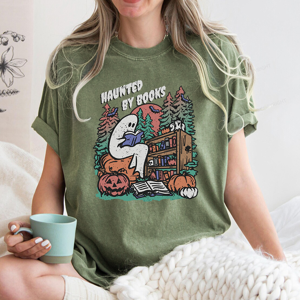 Pagewings Ghost Reading Book Halloween Unisex Washed T-shirt