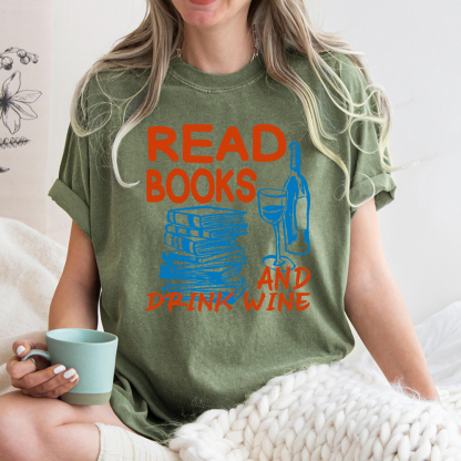 Pagewings Read Book And Drink Wine Unisex Washed T-shirt