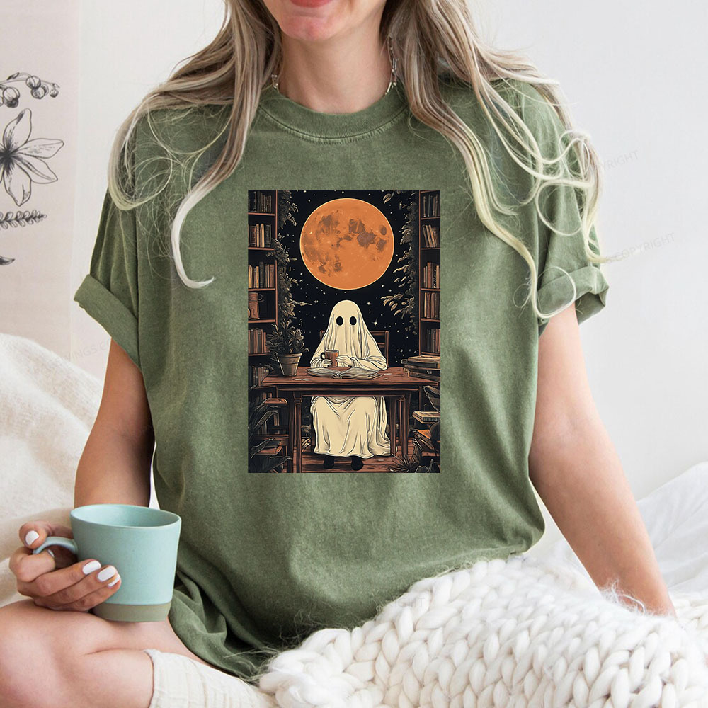 Pagewings Halloween Ghost Books Coffee  Unisex Washed T-shirt