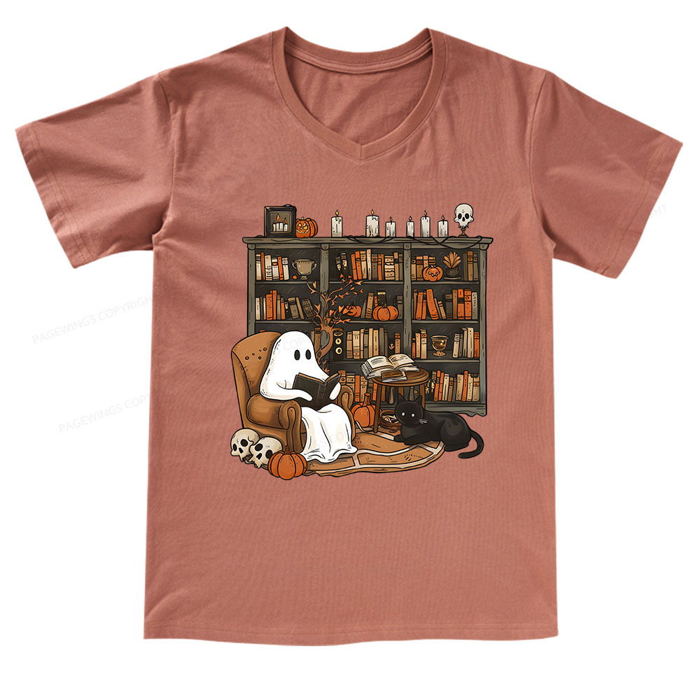 Pagewings Halloween Ghost Reading Books V-neck T-shirt
