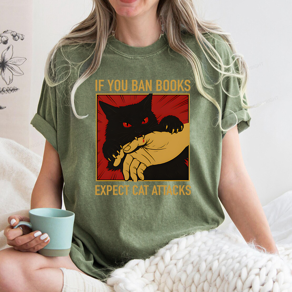 Pagewings If You Ban Books Expect Cat Attacks Unisex Washed T-shirt