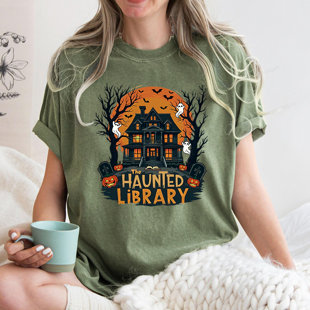 Pagewings Haunted Library Halloween Unisex Washed T-shirt