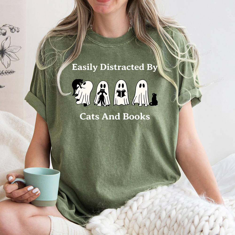 Pagewings Easily Distracted By Cats And Books Unisex Washed T-shirt