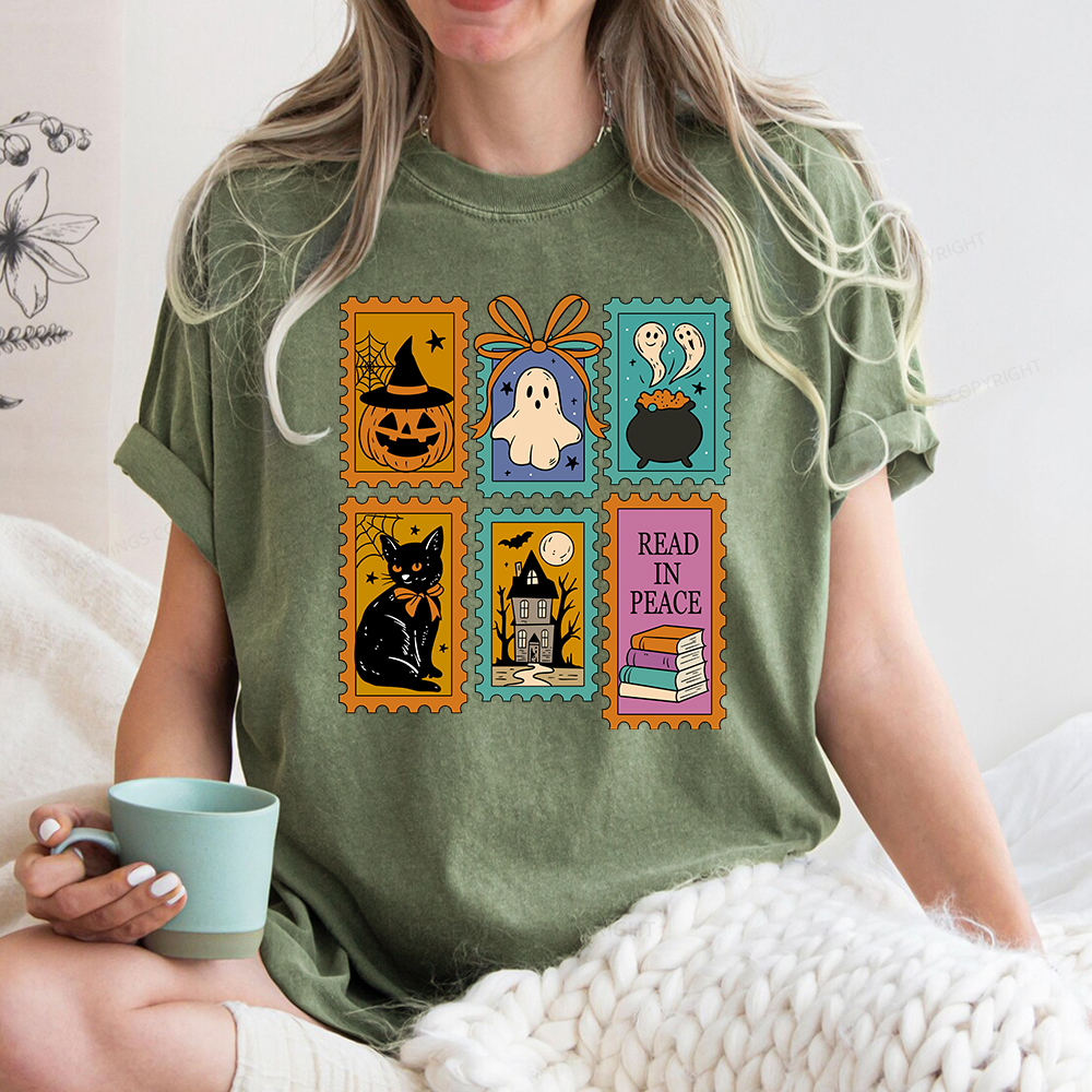 Pagewings Halloween Cute Ghost Pumpkin Cat Unisex Washed T-shirt