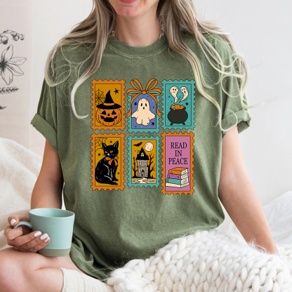 Pagewings Halloween Cute Ghost Pumpkin Cat Unisex Washed T-shirt