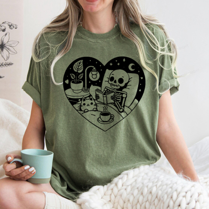 Pagewings Reading Skeleton and Cat Unisex Washed T-shirt