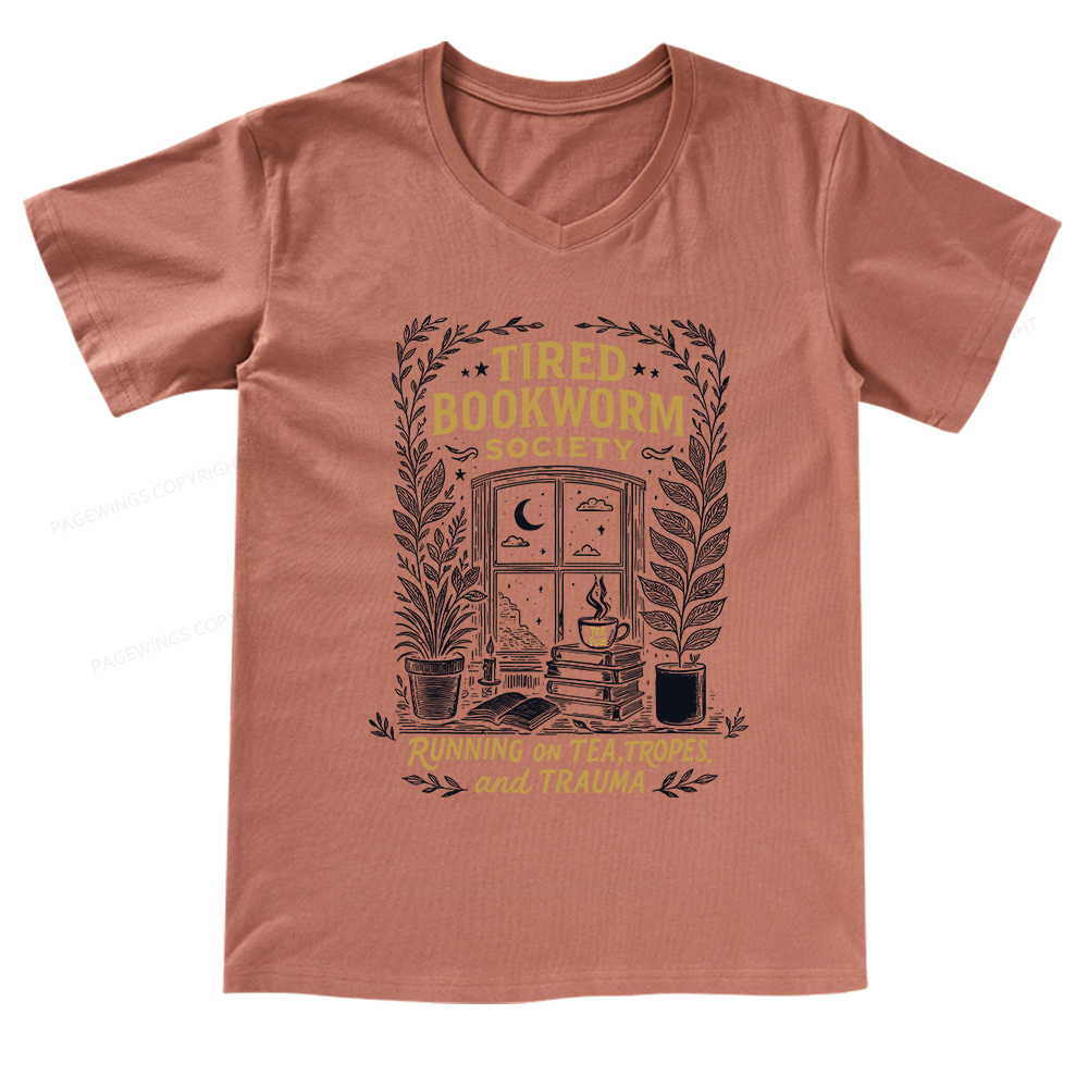 Pagewings Tired Bookworm Society V-neck T-shirt