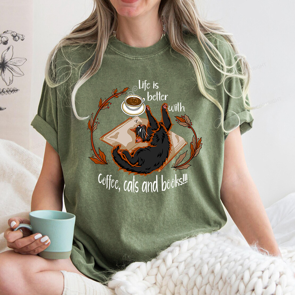 Pagewings Life Is Better With Coffee Cats And Books Unisex Washed T-shirt