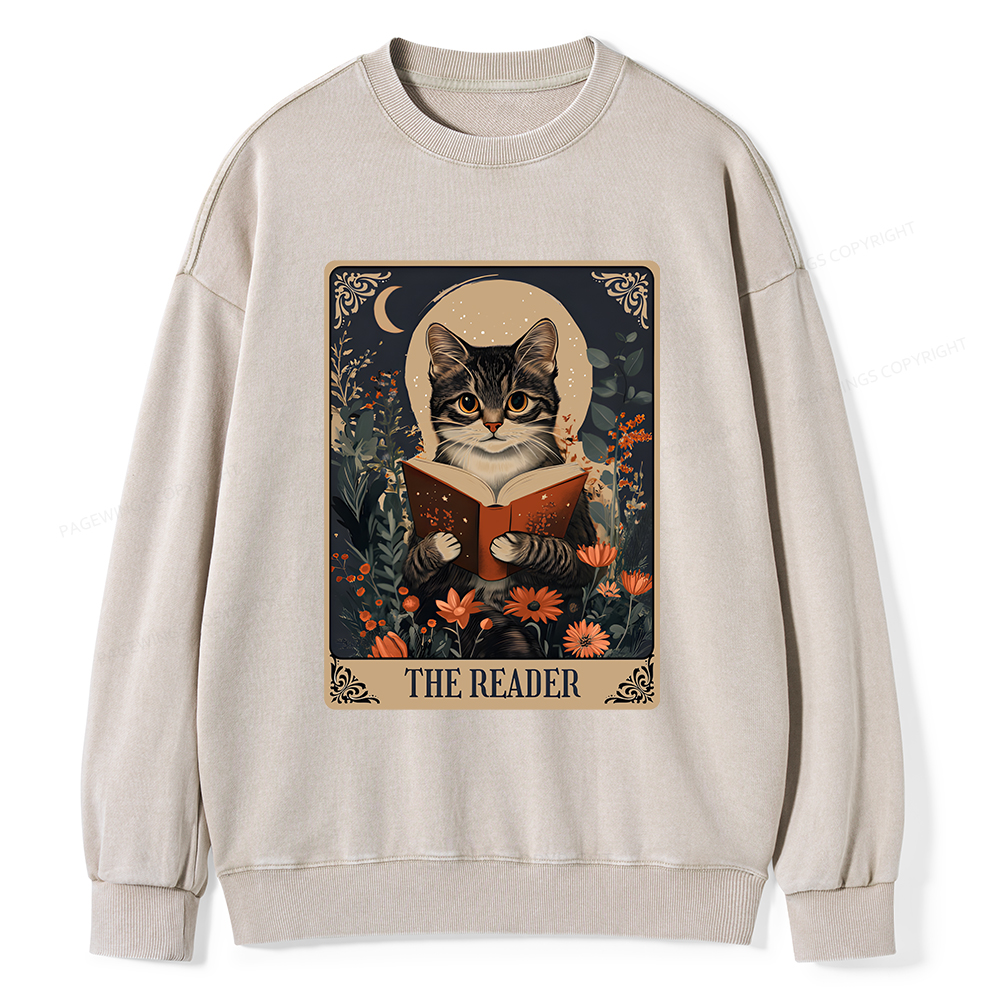 Pagewings The Reader Tarot Card Cat Unisex Washed Sweatshirt