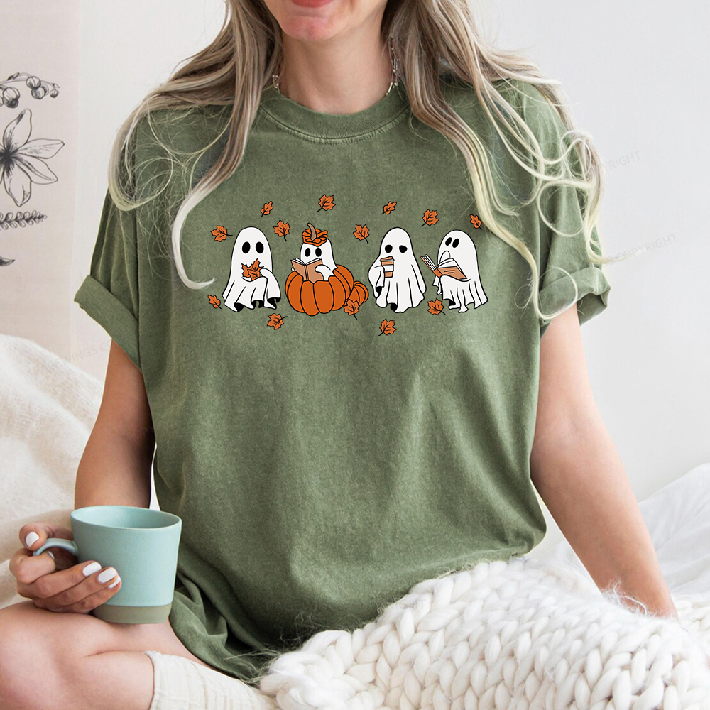 Pagewings Halloween Fall Ghost Reading Books Unisex Washed T-shirt
