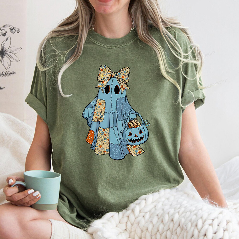 Pagewings Halloween Patchwork Spooky Ghost Reading Books Unisex Washed T-shirt