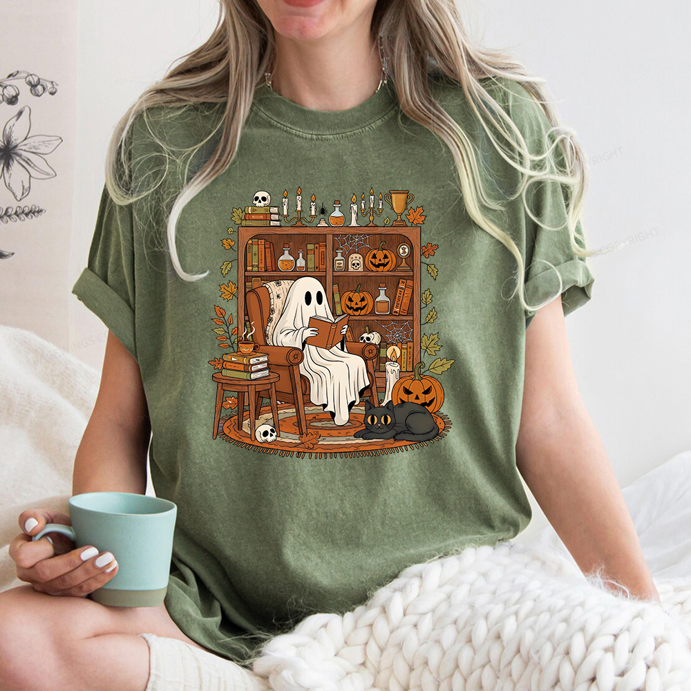 Pagewings Cozy Ghost Reading Halloween Unisex Washed T-shirt
