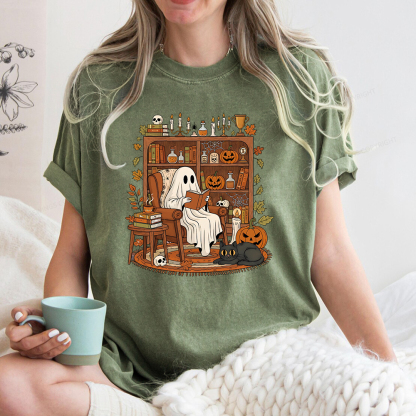 Pagewings Cozy Ghost Reading Halloween Unisex Washed T-shirt