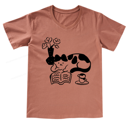 Pagewings The Cat Who Loves Reading V-neck T-shirt