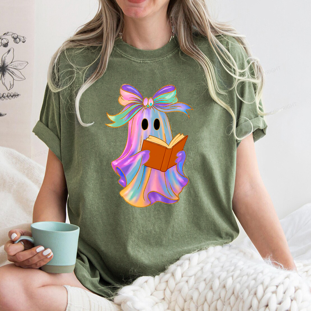 Pagewings Ghost Reading Halloween Unisex Washed T-shirt