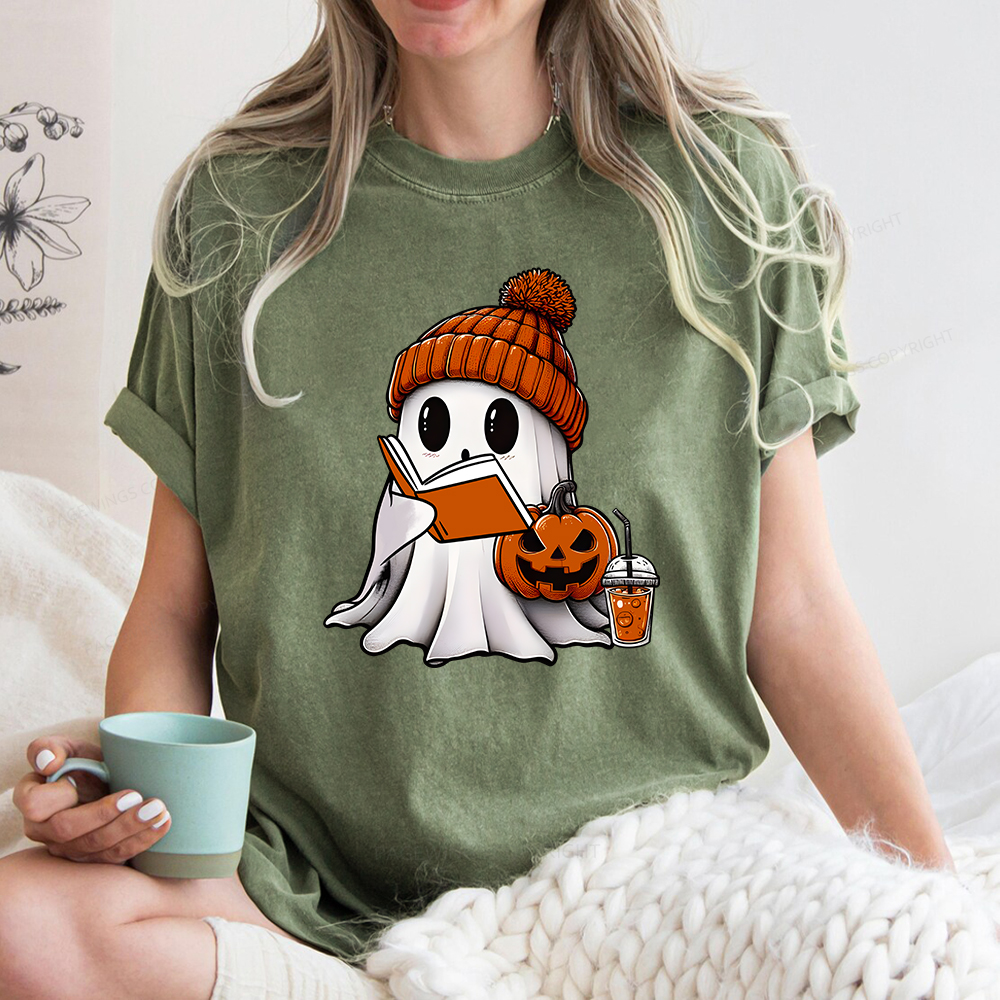 Pagewings Halloween Ghost Book Lover Unisex Washed T-shirt