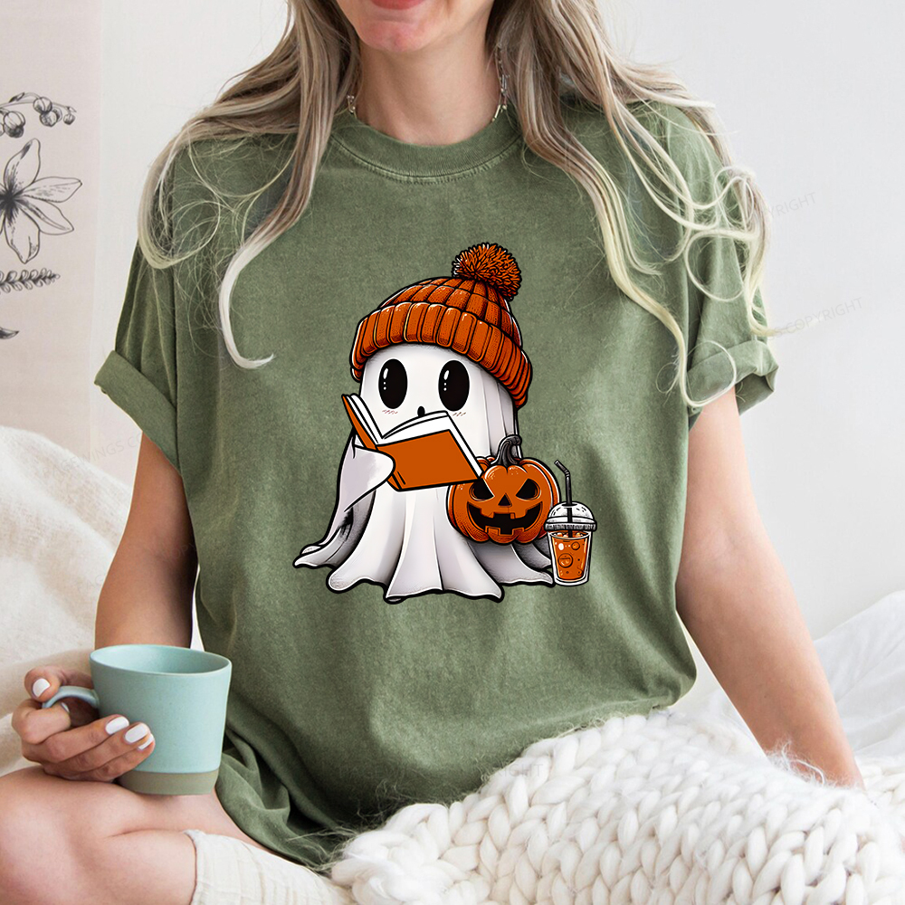 Pagewings Halloween Ghost Book Lover Unisex Washed T-shirt