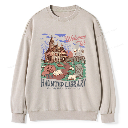 Pagewings Welcome To The Haunted Library Unisex Washed Sweatshirt