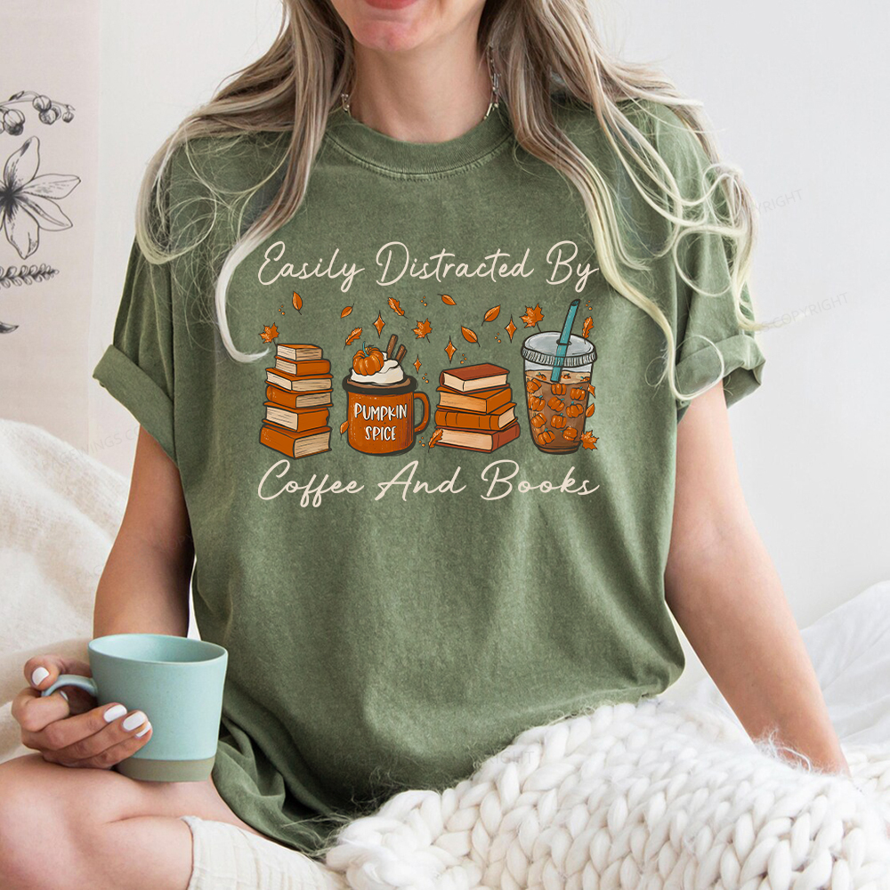 Pagewings Easily Distracted By Coffee And Books Unisex Washed T-shirt