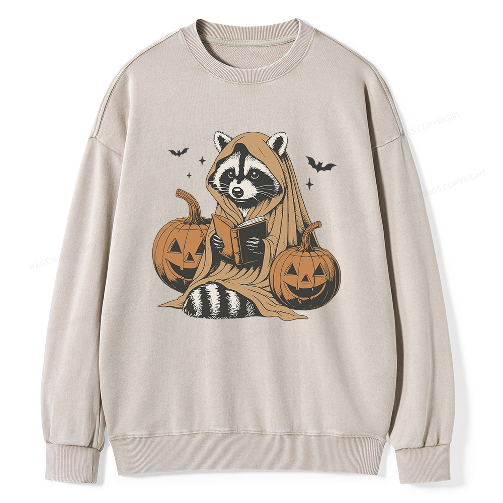 Pagewings Halloween Cute Raccoon Ghost Reading Unisex Washed Sweatshirt