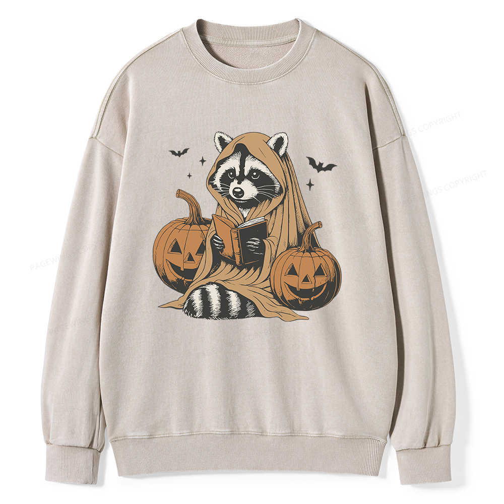 Pagewings Halloween Cute Raccoon Ghost Reading Unisex Washed Sweatshirt