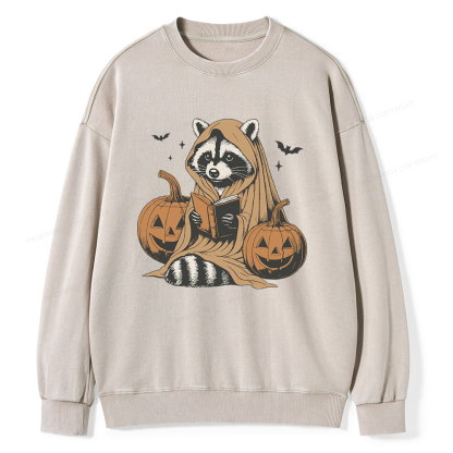 Pagewings Halloween Cute Raccoon Ghost Reading Unisex Washed Sweatshirt