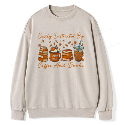 Pagewings Easily Distracted By Coffee And Books Unisex Washed Sweatshirt
