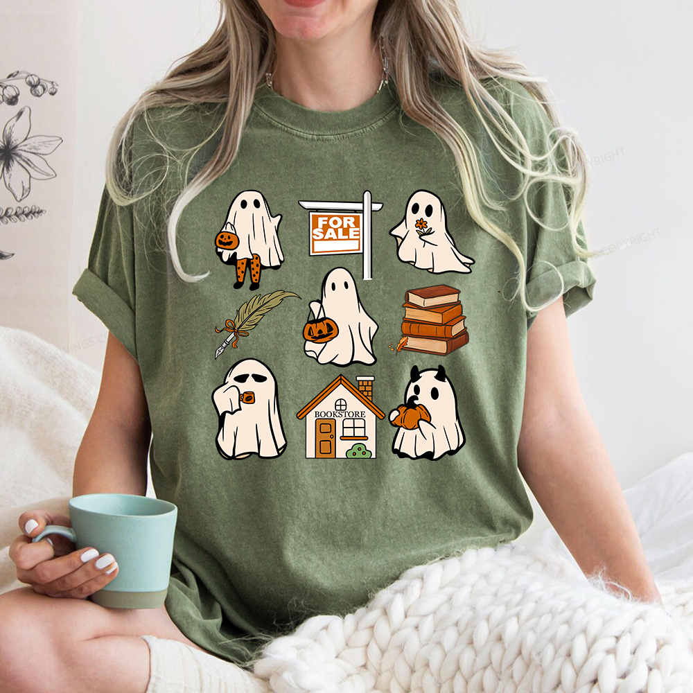 Pagewings Halloween Ghosts Going To Buy Books Unisex Washed T-shirt