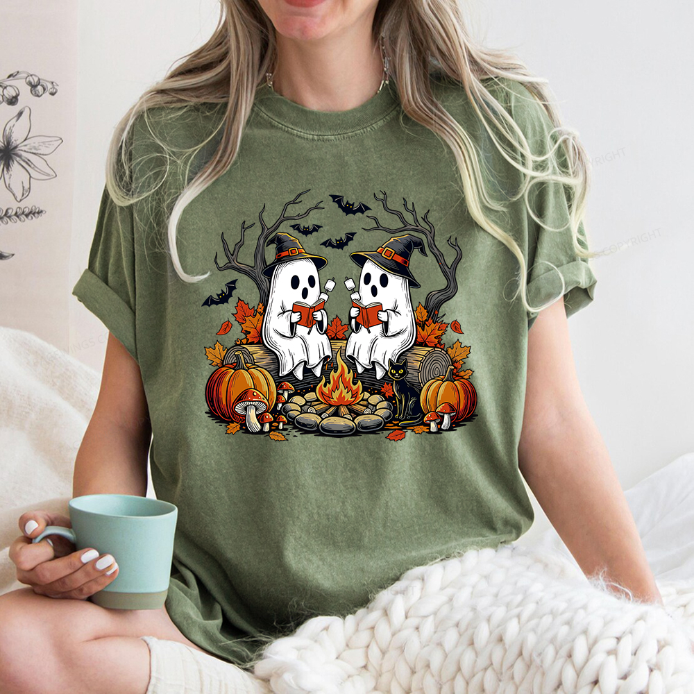 Pagewings Bookish Ghost Halloween Fall Camping  Unisex Washed T-shirt
