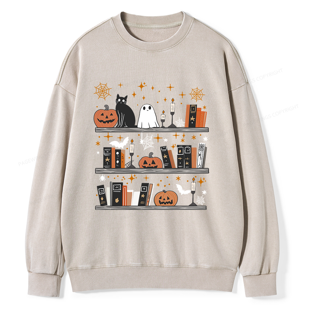 Pagewings Halloween Book Shelf Summerween Unisex Washed Sweatshirt