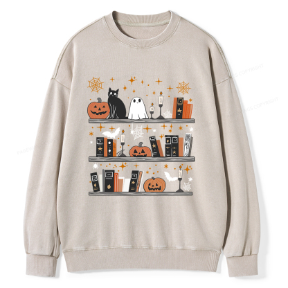Pagewings Halloween Book Shelf Summerween Unisex Washed Sweatshirt