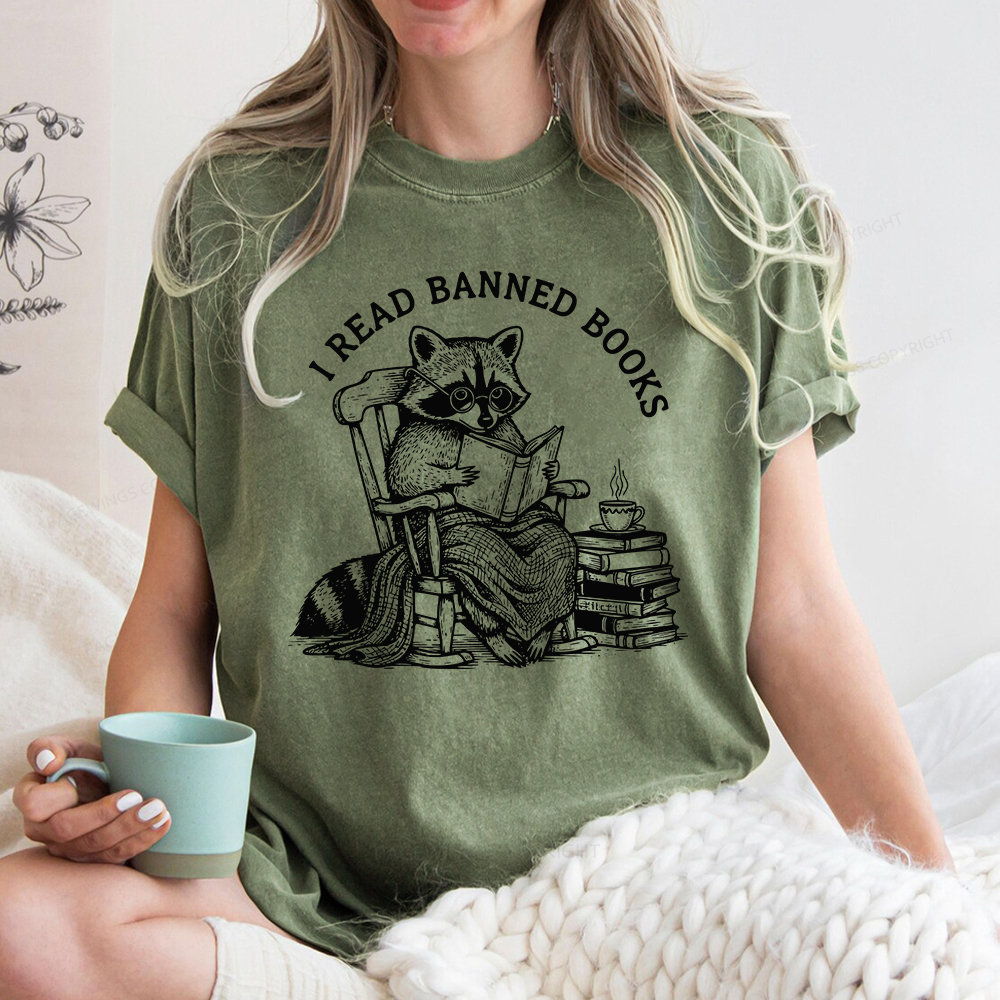 Pagewings I Read Banned Books Raccoon Reading Unisex Washed T-shirt