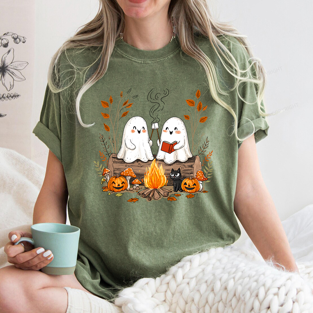 Pagewings Cute Ghost Halloween Unisex Washed T-shirt