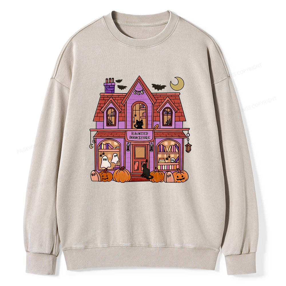 Pagewings Haunted Bookstore Unisex Washed Sweatshirt