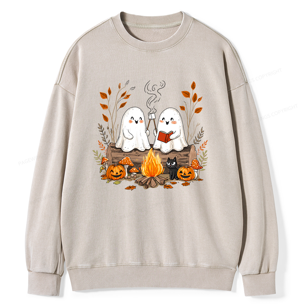 Pagewings Cute Ghost Halloween Unisex Washed Sweatshirt