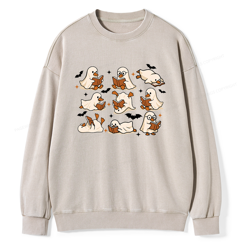 Pagewings Ghost Duck Reading Books Unisex Washed Sweatshirt