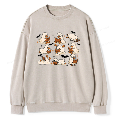 Pagewings Ghost Duck Reading Books Unisex Washed Sweatshirt