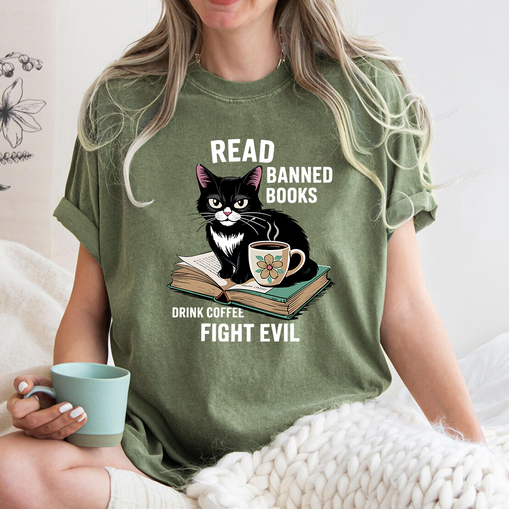 Pagewings Read Banned Books Drink Coffee Fight Evil Unisex Washed T-shirt