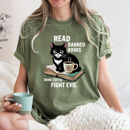 Pagewings Read Banned Books Drink Coffee Fight Evil Unisex Washed T-shirt