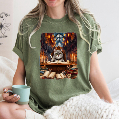 Pagewings Cat Books Unisex Washed T-shirt