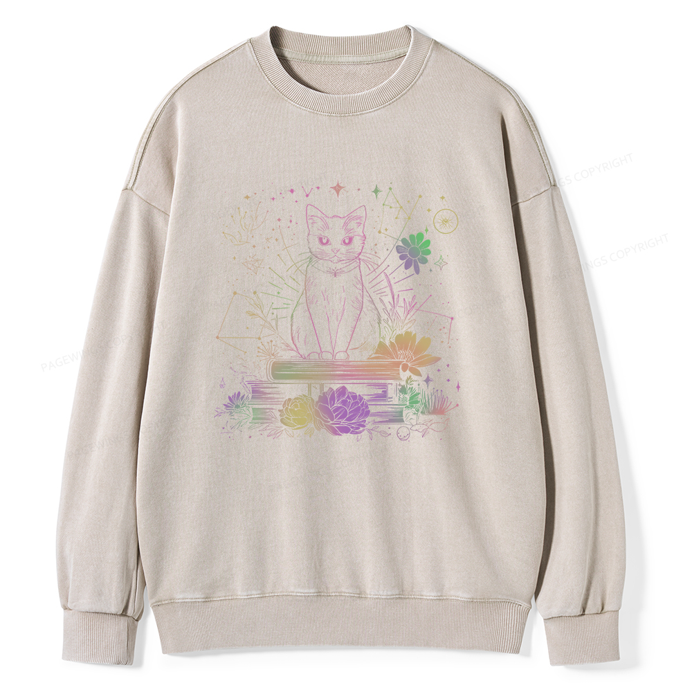 Pagewings Black Cat Book Lover Unisex Washed Sweatshirt