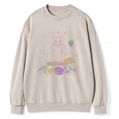 Pagewings Black Cat Book Lover Unisex Washed Sweatshirt
