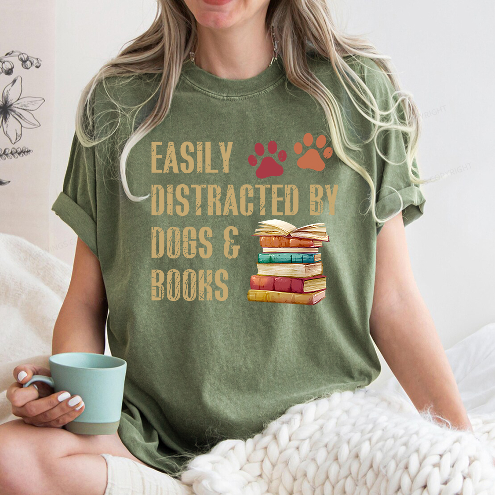 Pagewing Easily Distracted By Dogs And Books Unisex Washed T-shirt